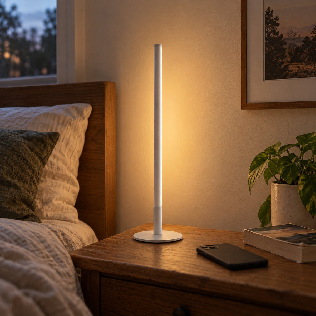 Titanium White Mini Nova Lamp, bedside table with amber wall glow
