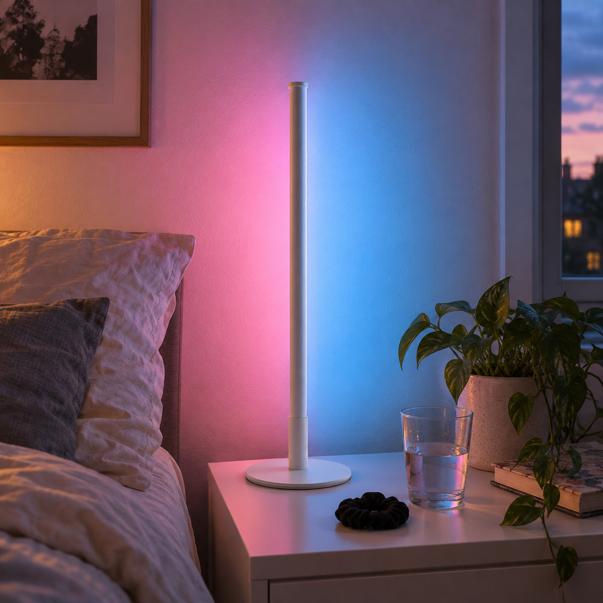 Titanium White Mini Nova Lamp, bedside with pink and blue wall glow
