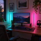 Titanium White Mini Nova Lamp, desk with teal and magenta glow