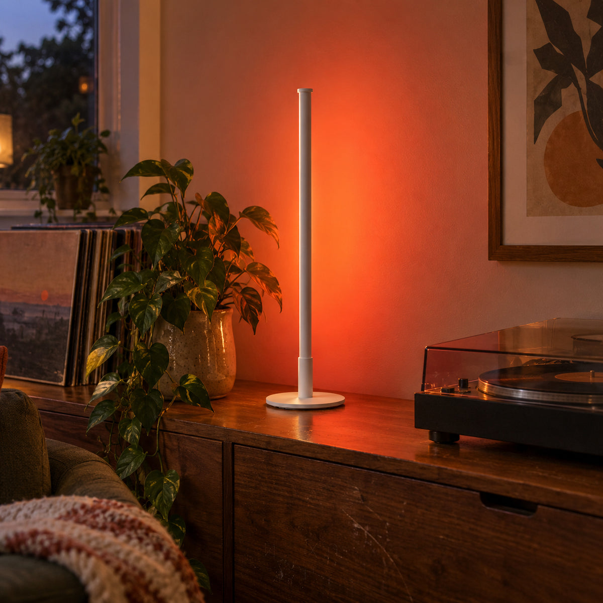 Titanium White Mini Nova Lamp, sideboard with red-orange wall glow
