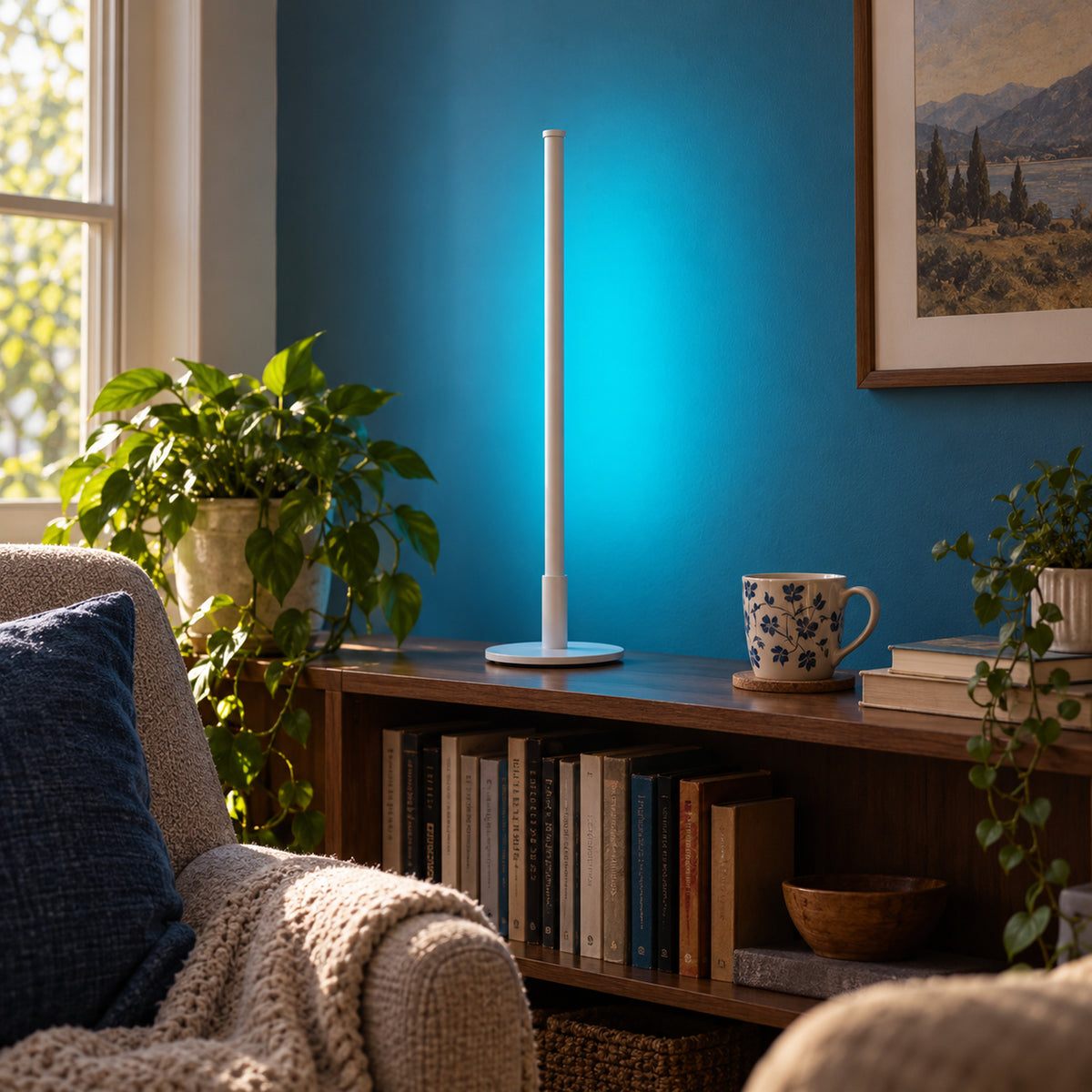 Titanium White Mini Nova Lamp, bookshelf with deep blue wall glow