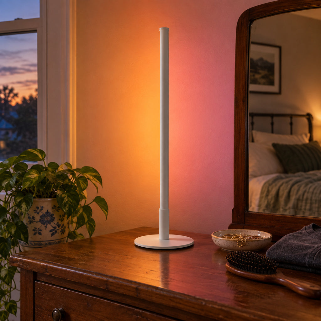 Titanium White Mini Nova Lamp, dresser with sunset wall glow