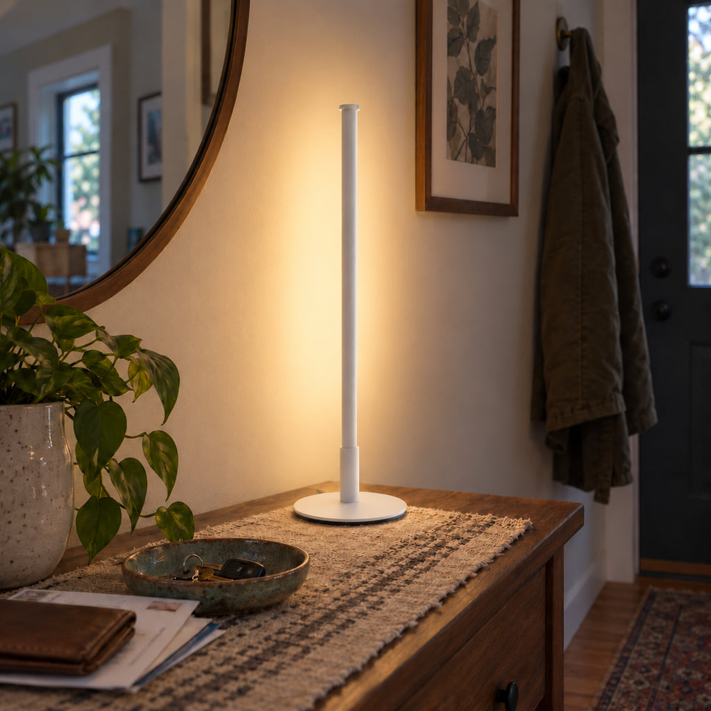 Titanium White Mini Nova Lamp, entry table with warm white glow