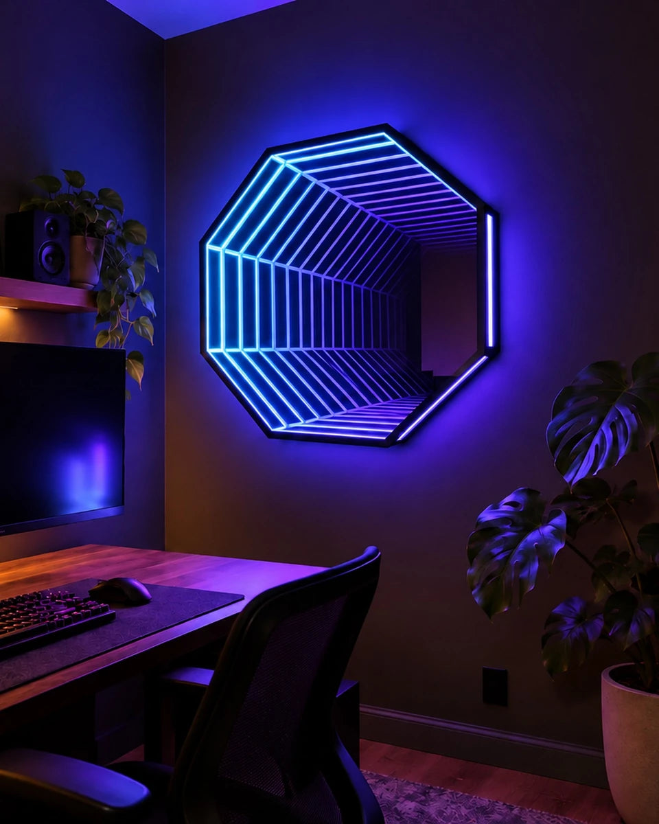 An Infinity OctaMirror glowing blue to violet on a charcoal wall above a walnut desk in a gaming room at night