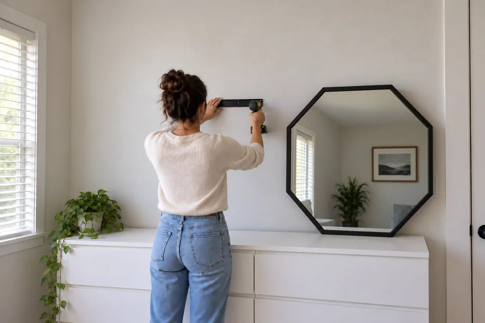 A woman screwing the wall bracket onto a bedroom wall, the Infinity OctaMirror leaning on the white dresser beside her