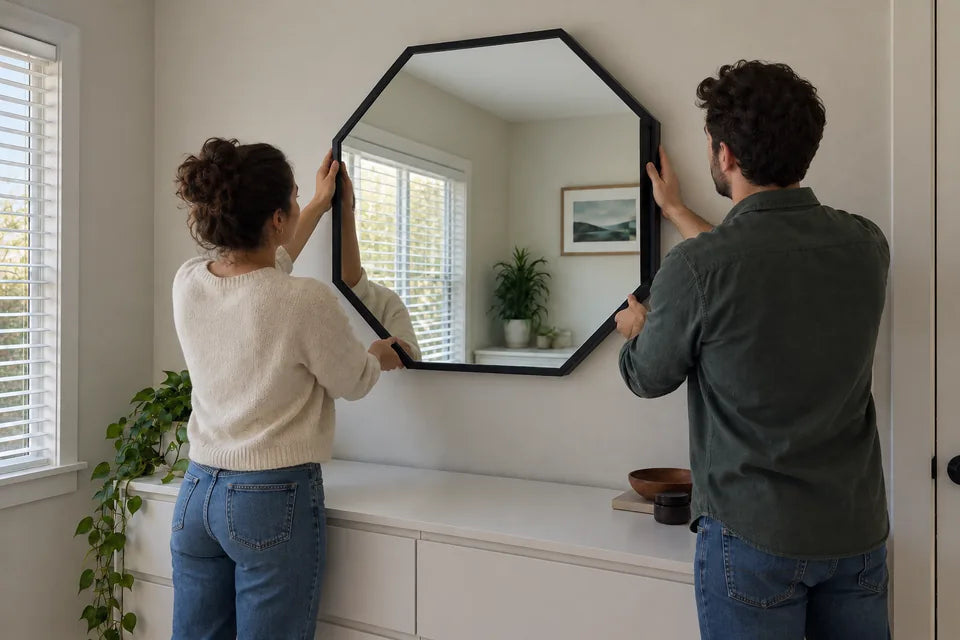 Two people lowering a switched-off Infinity OctaMirror onto its wall bracket above a white dresser in daylight