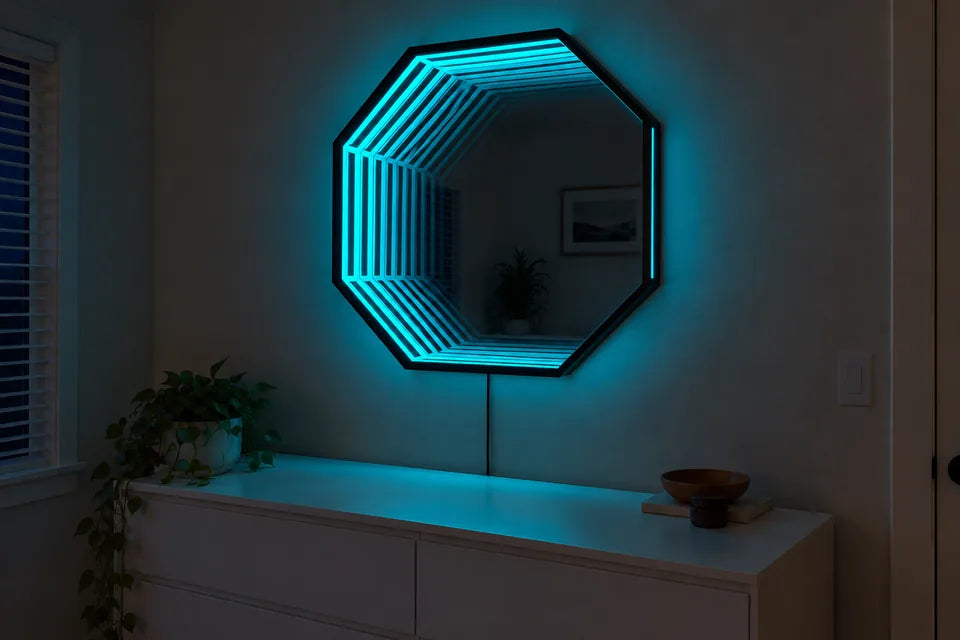 The same Infinity OctaMirror switched on at night, its tunnel of light glowing blue-cyan above the dresser