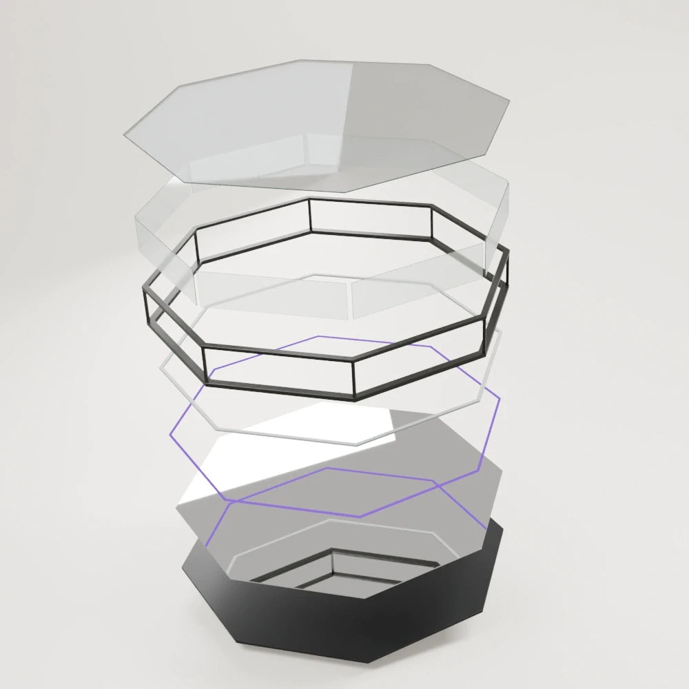 Exploded view of an Infinity OctaMirror: two-way front panel, LED frame and back mirror, separated layer by layer