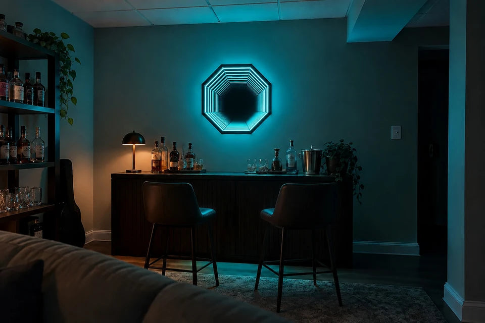 Infinity OctaMirror glowing over a home bar in a basement