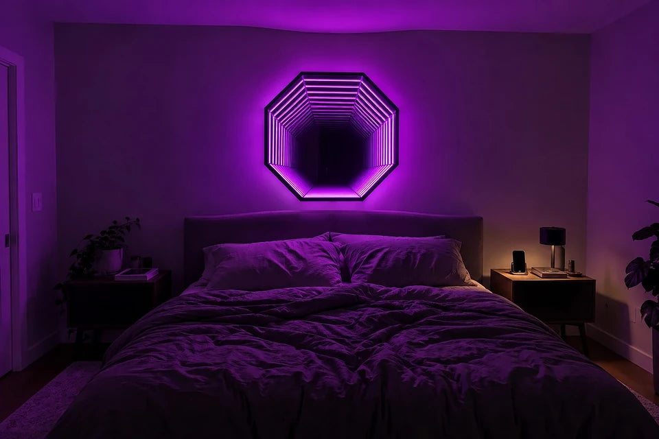 Infinity OctaMirror glowing over a bed in a bedroom at night