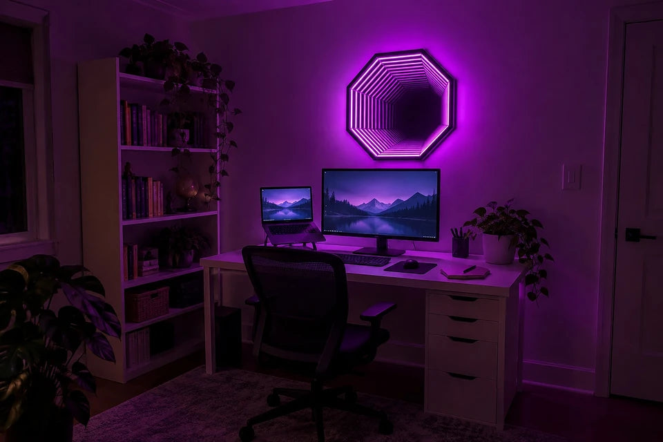Infinity OctaMirror glowing violet over a monitor in a home office at night