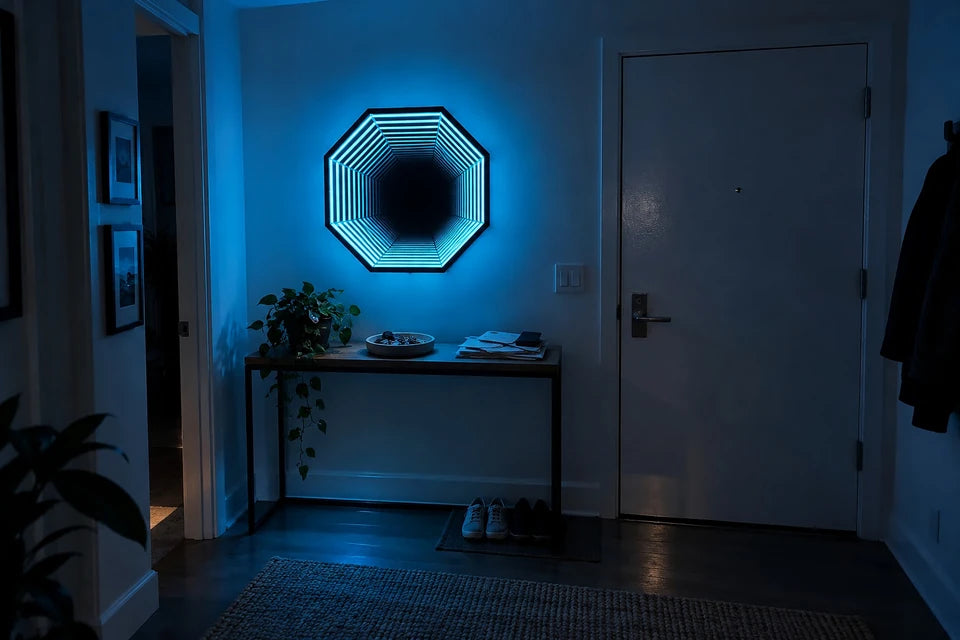 Infinity OctaMirror glowing over an entryway console by the door