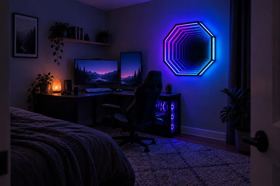 A 27.6-inch Infinity OctaMirror glowing pink, violet and cyan on the wall of a gaming corner at night