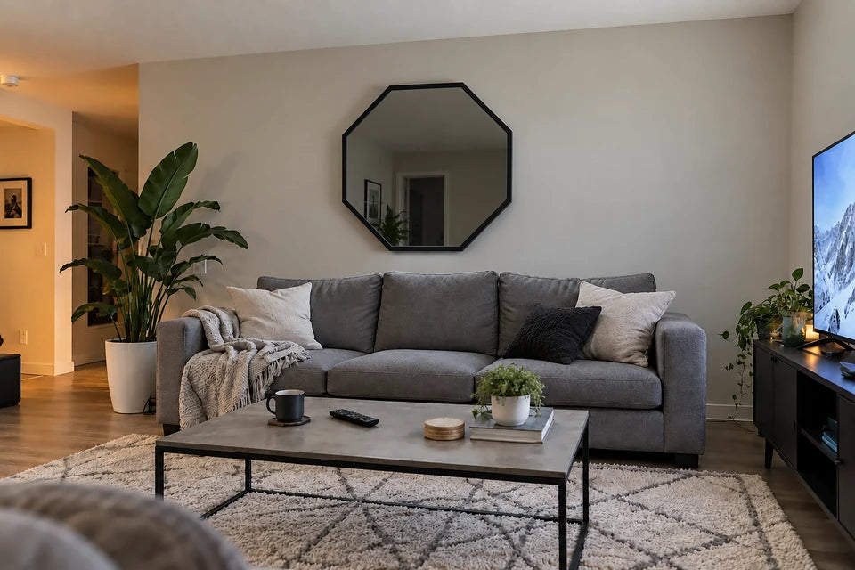 An Infinity OctaMirror switched off in a living room by day, a plain mirror reflecting the room