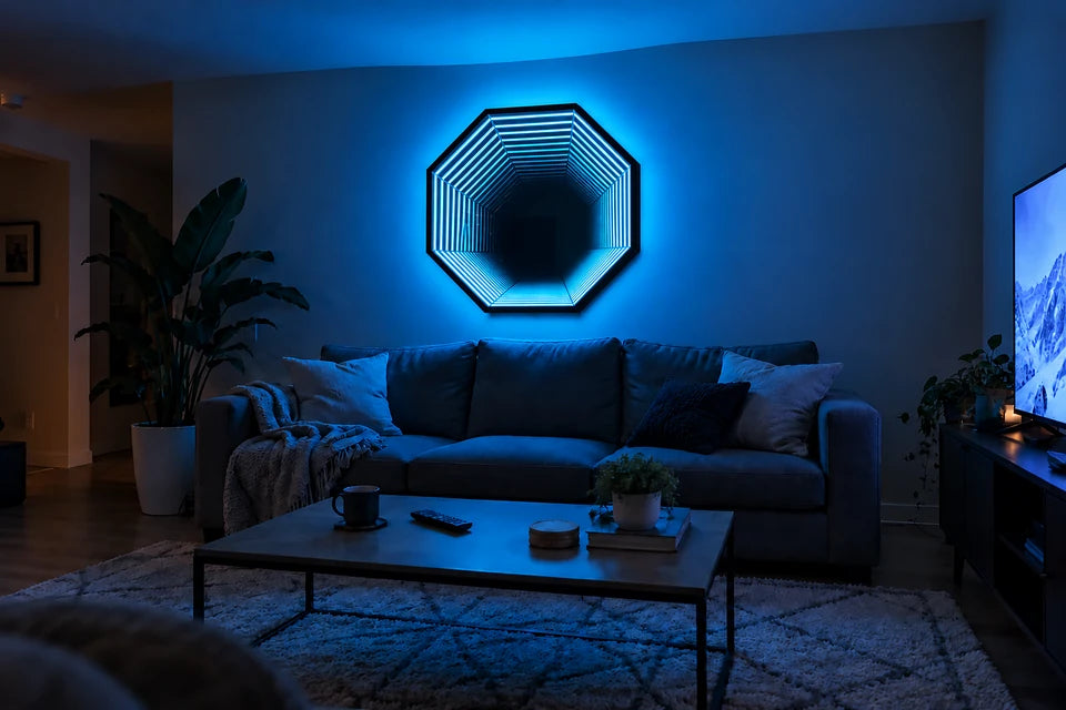 The same Infinity OctaMirror switched on at night, washing the living room in blue light